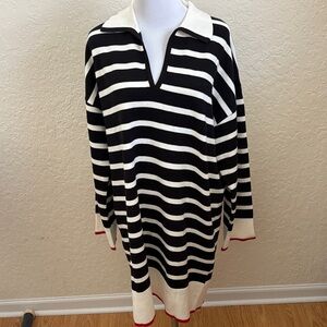 Black and White Polo V Neck Striped Sweater Dress